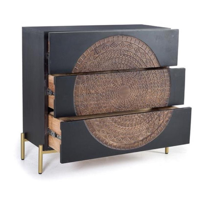 Commode 3 Tiroirs Bois, Fer Noir 95x40x90cm