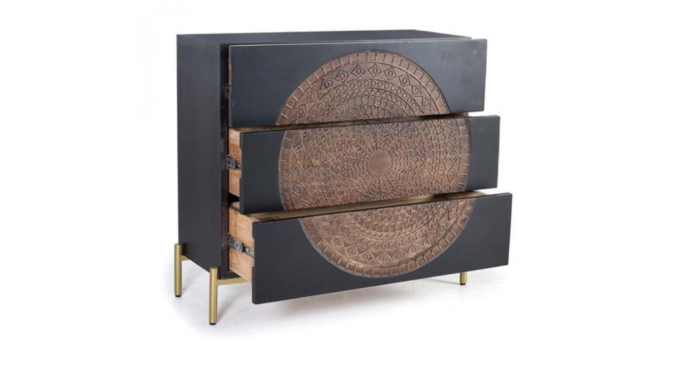 Commode 3 Tiroirs Bois, Fer Noir 95x40x90cm