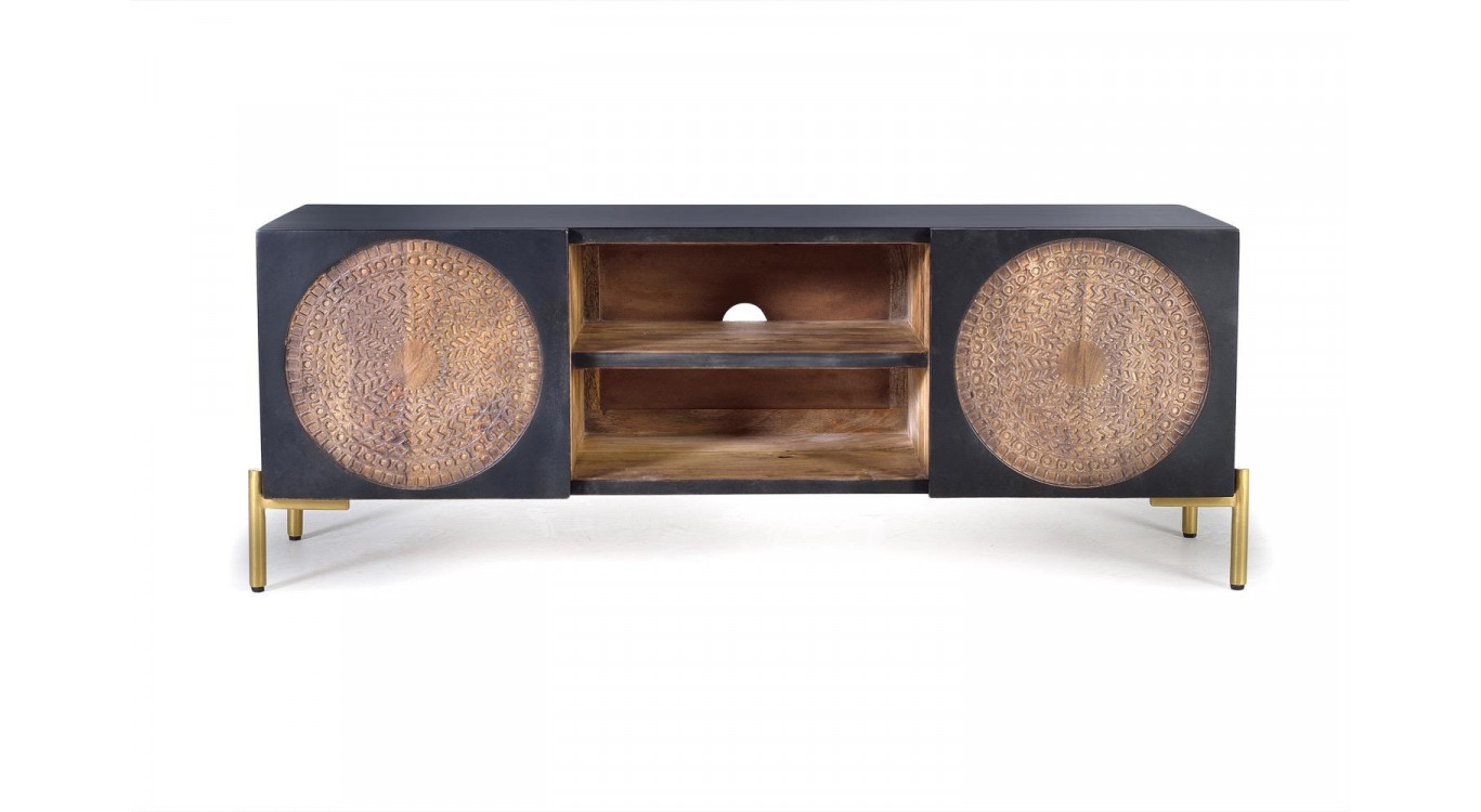 TV-Möbel Holz, Eisen Schwarz 145x40x56cm
