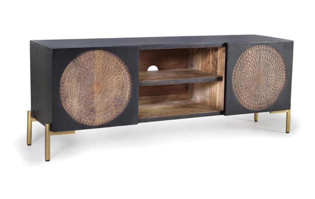 TV-Möbel Holz, Eisen Schwarz 145x40x56cm