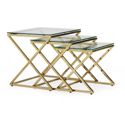 Lot de 3 Sellettes Acier Verre trempé Or 45x45x46cm
