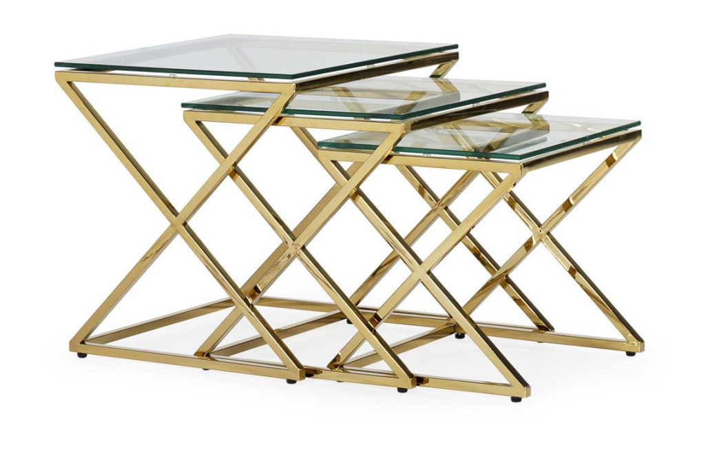 Lot de 3 Sellettes Acier Verre trempé Or 45x45x46cm
