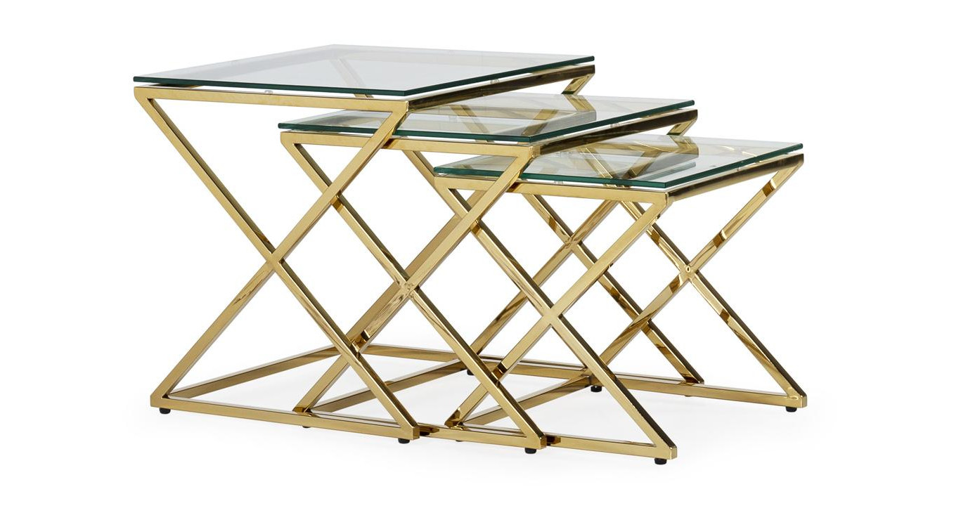 Lot de 3 Sellettes Acier Verre trempé Or 45x45x46cm