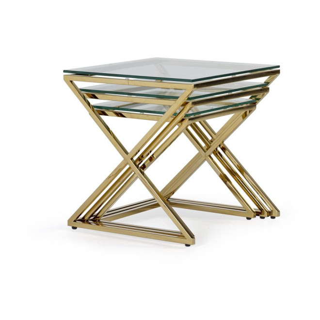 Lot de 3 Sellettes Acier Verre trempé Or 45x45x46cm