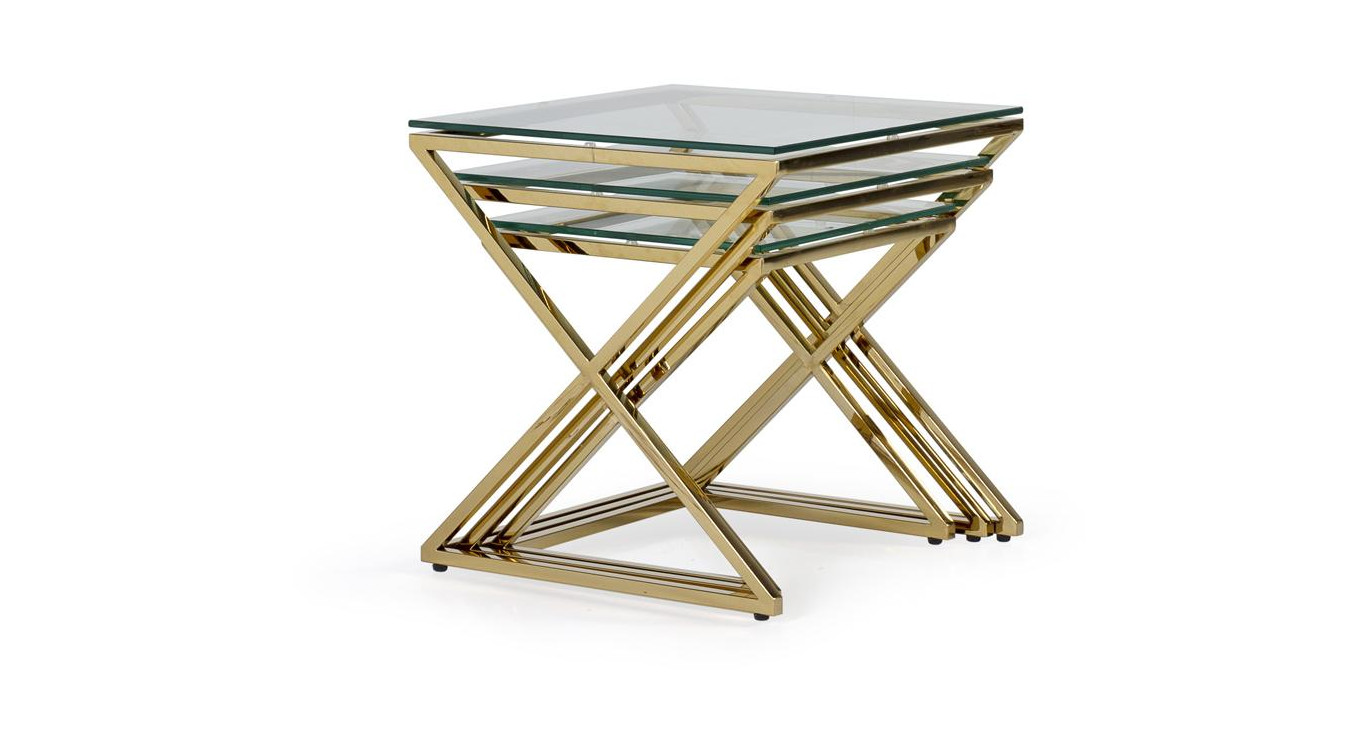 Lot de 3 Sellettes Acier Verre trempé Or 45x45x46cm