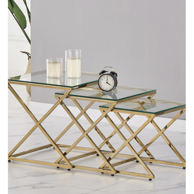 Lot de 3 Sellettes Acier Verre trempé Or 45x45x46cm