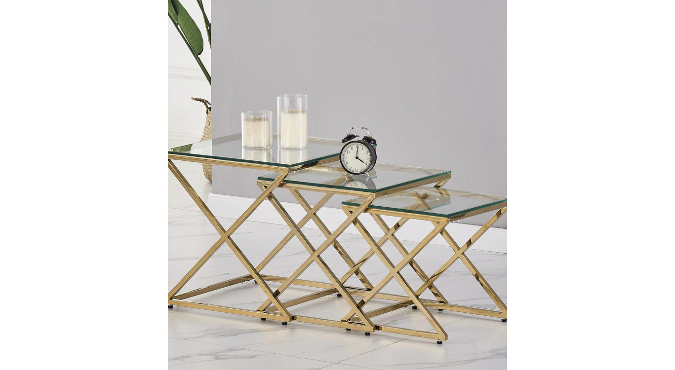 Lot de 3 Sellettes Acier Verre trempé Or 45x45x46cm