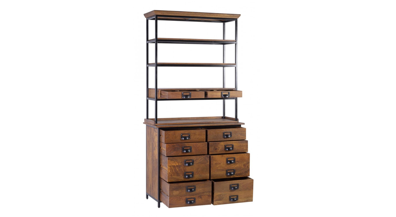 Vaisselier 10 Tiroirs Bois Fer Marron 100x45x200cm