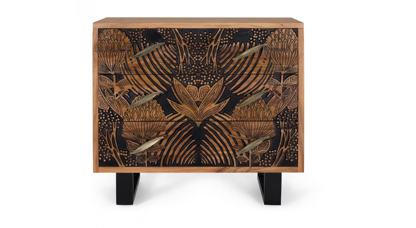 Commode 3 Tiroirs Bois Fer Marron 93x40x83cm