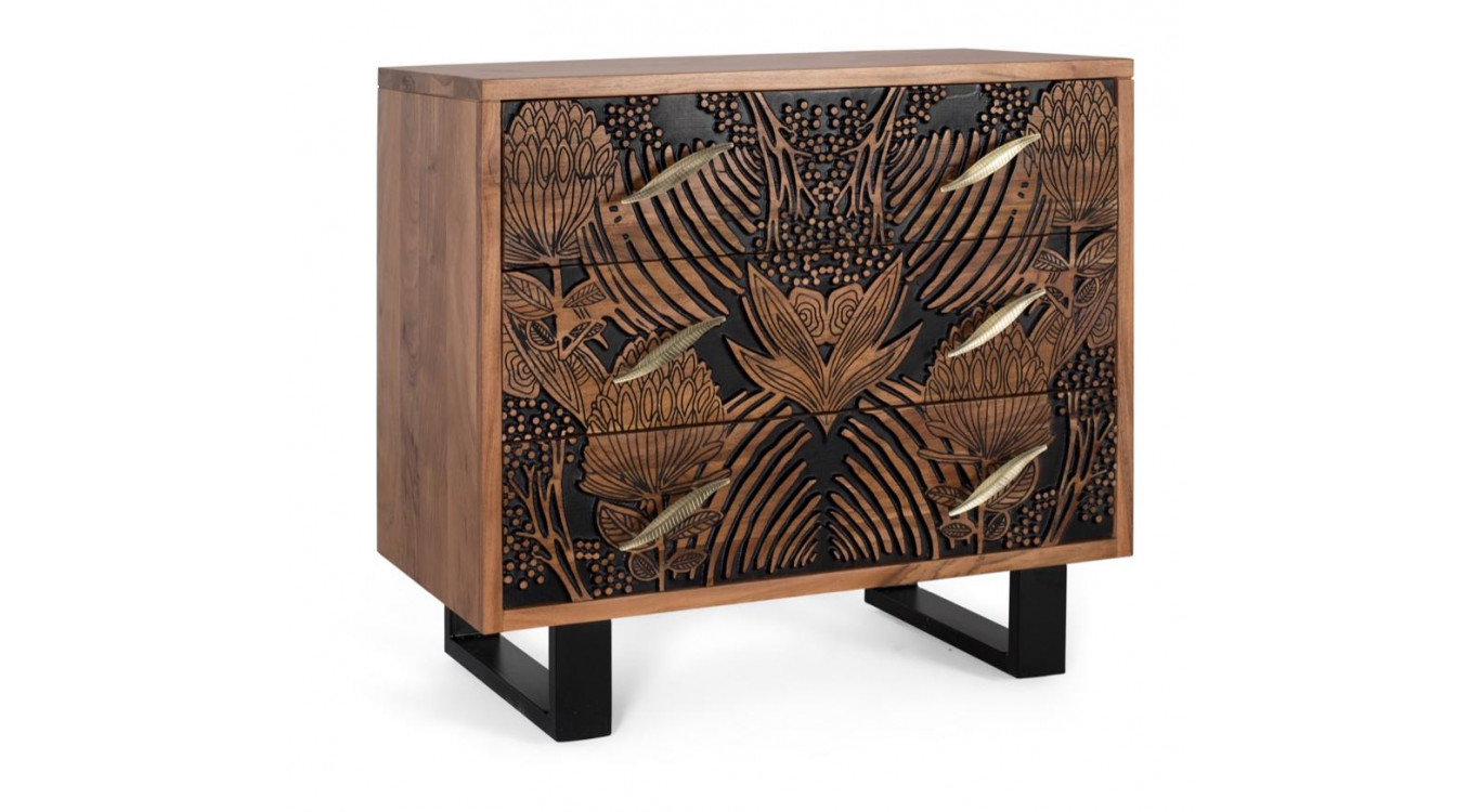 Commode 3 Tiroirs Bois Fer Marron 93x40x83cm