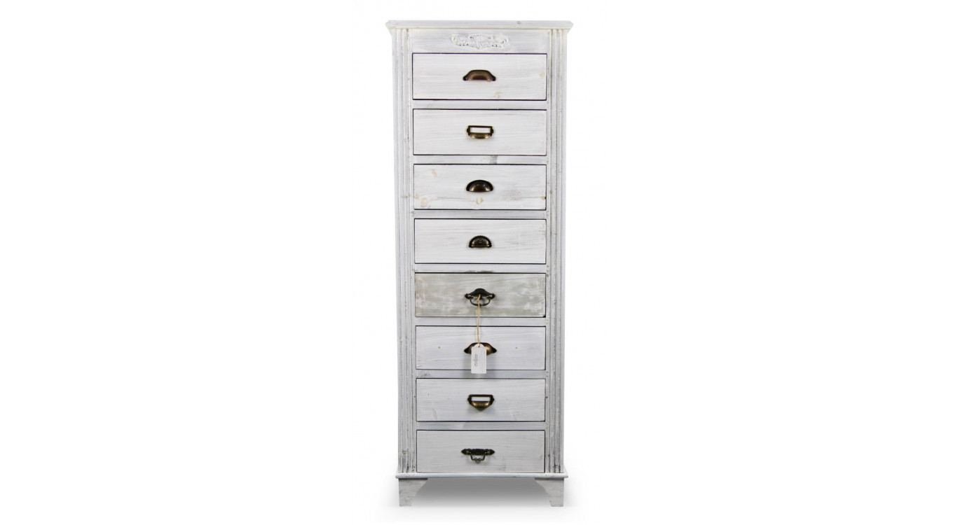 Wochenschrank Chiffonnier Grainetier Bois Cerusé Blanc 8 Schubladen 54.5x33x146.5cm