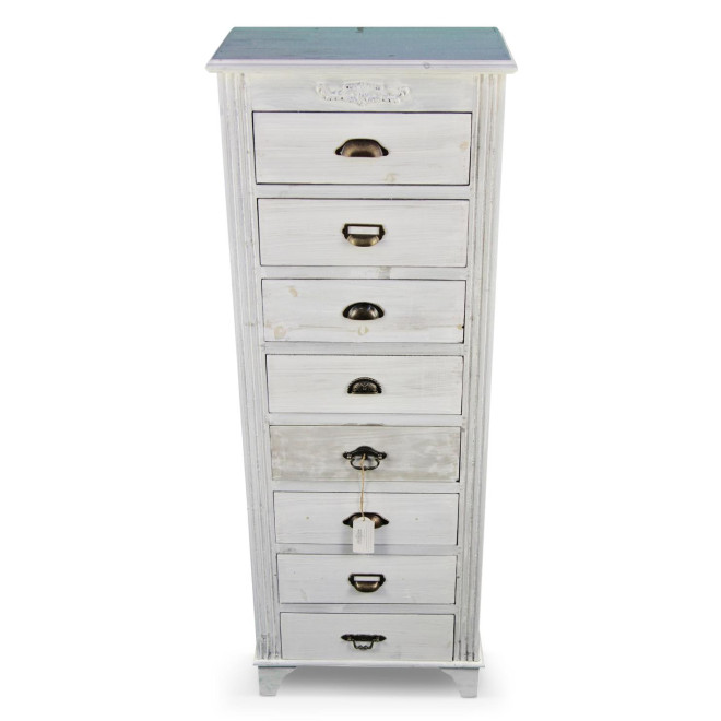 Meuble Semainier Chiffonnier Grainetier Bois Cerusé Blanc 8 Tiroirs 54.5x33x146.5cm