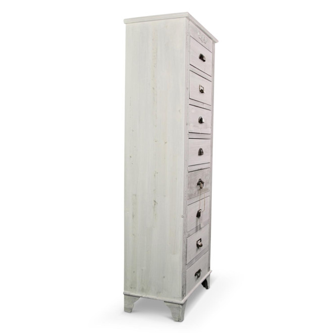 Meuble Semainier Chiffonnier Grainetier Bois Cerusé Blanc 8 Tiroirs 54.5x33x146.5cm