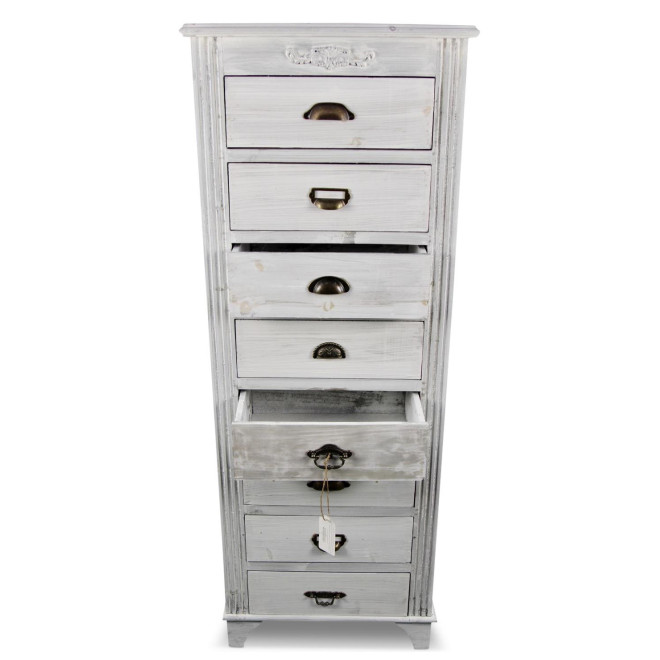 Meuble Semainier Chiffonnier Grainetier Bois Cerusé Blanc 8 Tiroirs 54.5x33x146.5cm