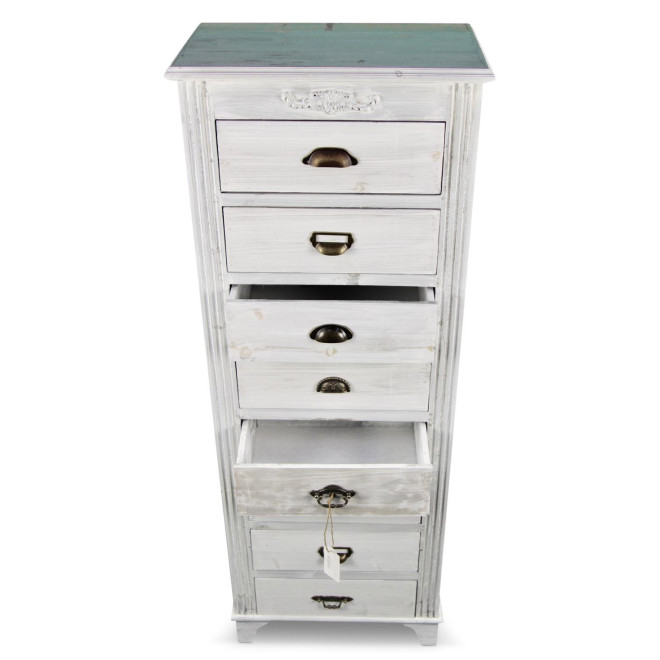 Meuble Semainier Chiffonnier Grainetier Bois Cerusé Blanc 8 Tiroirs 54.5x33x146.5cm