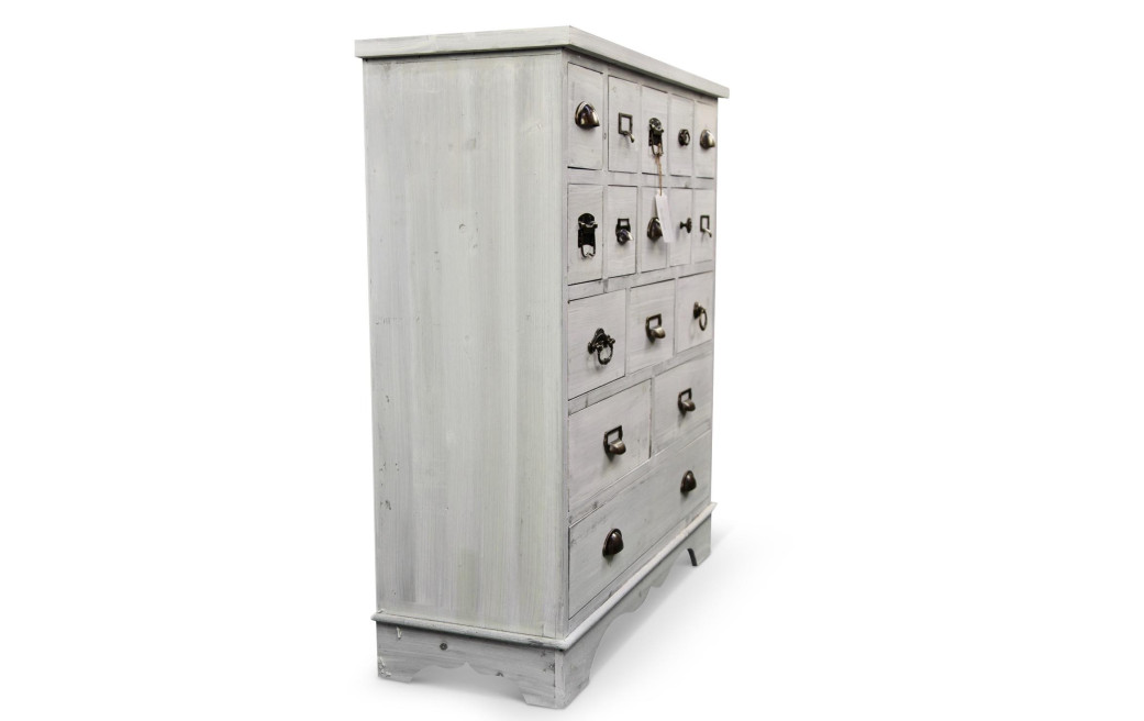 Meuble Semainier Chiffonnier Grainetier Bois Cerusé Blanc 16 Tiroirs 86x33x95.5cm