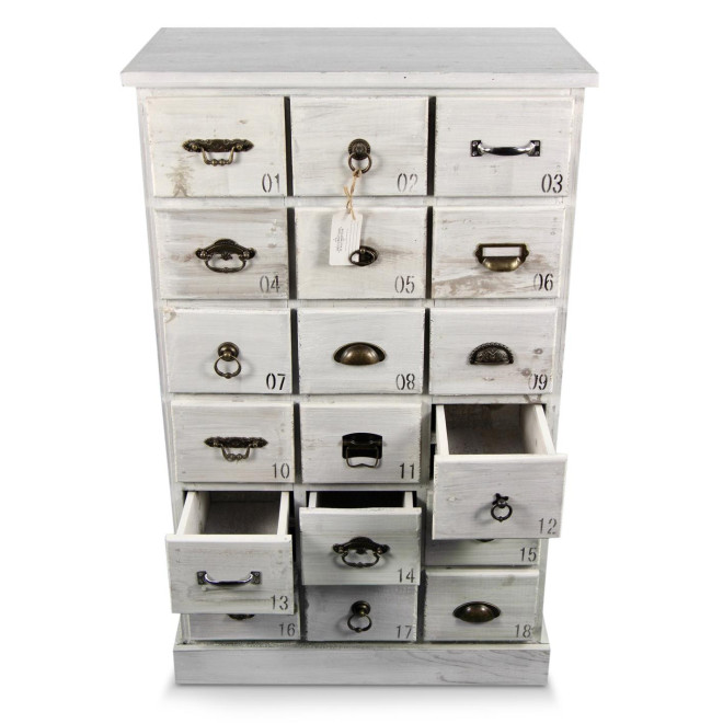Meuble Semainier Chiffonnier Grainetier Bois 18 Tiroirs Cerusé Blanc 67x36x110cm