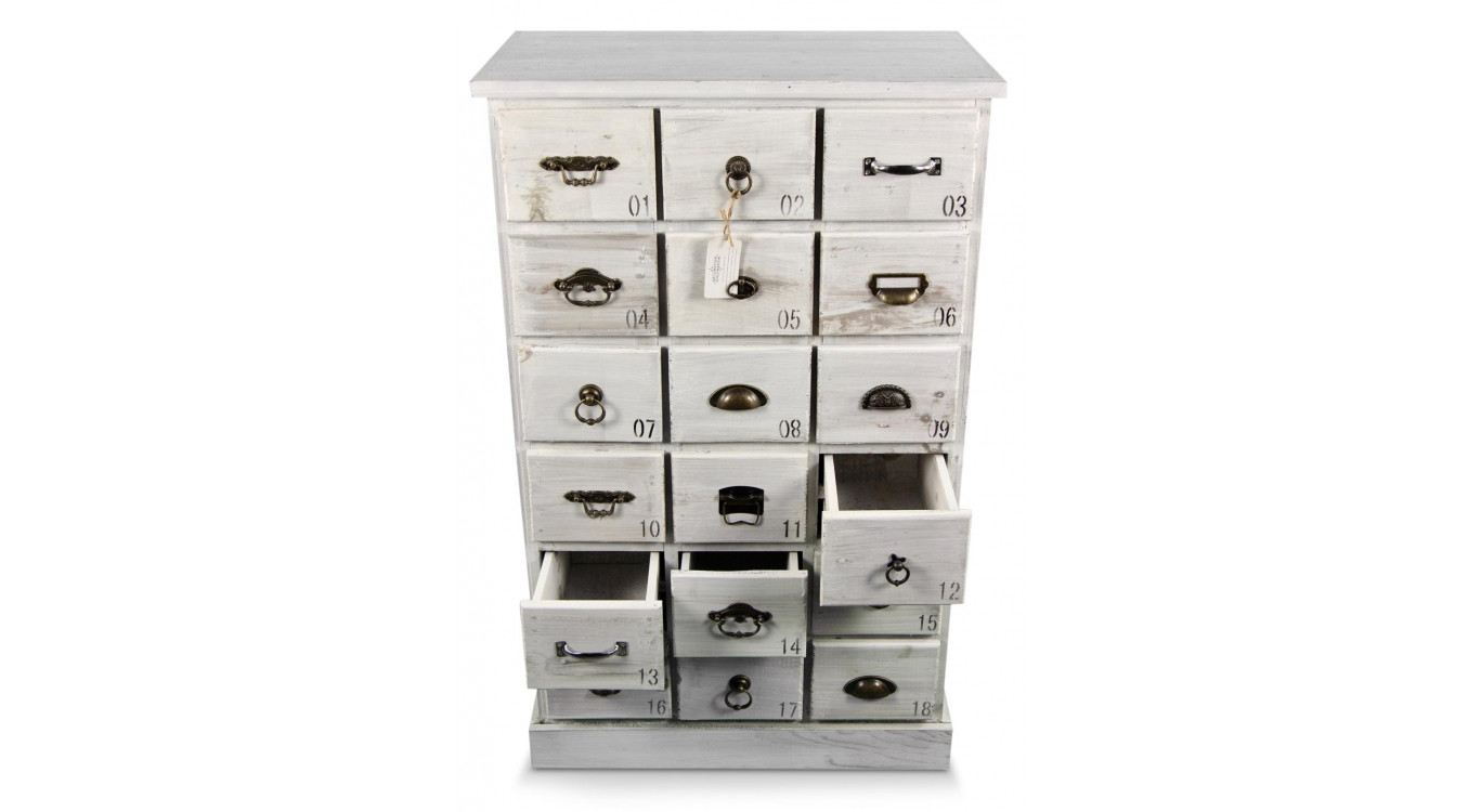 Wochenschrank Chiffonnier Grainetier Bois 18 Schubladen Cerusé Blanc 67x36x110cm