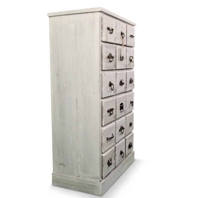 Wochenschrank Chiffonnier Grainetier Bois 18 Schubladen Cerusé Blanc 67x36x110cm