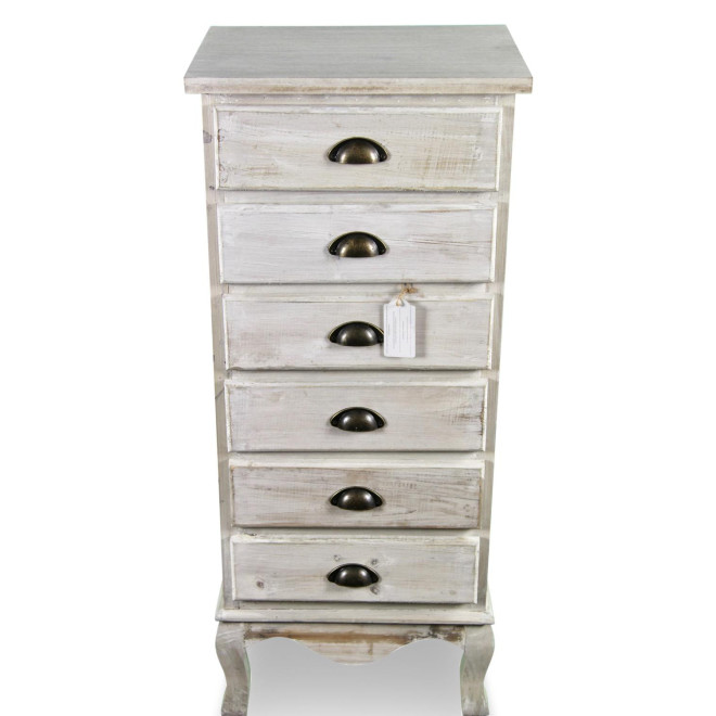 Meuble Semainier Chiffonnier Bois 6 Tiroirs Cerusé Blanc 45.5x36x108cm