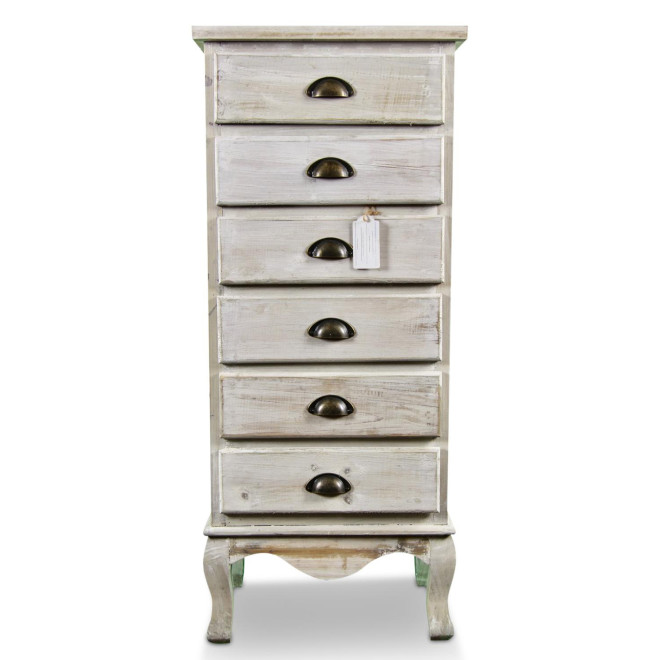 Meuble Semainier Chiffonnier Bois 6 Tiroirs Cerusé Blanc 45.5x36x108cm