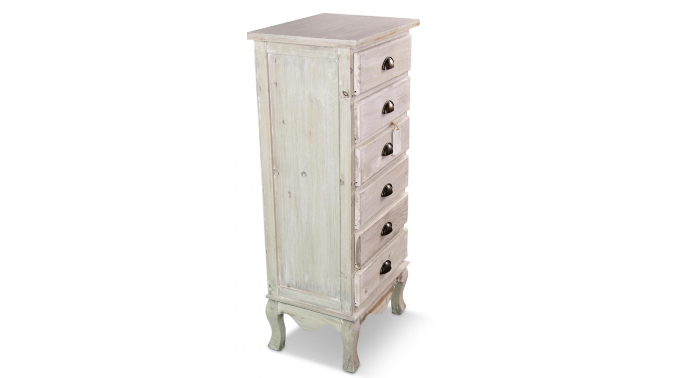 Meuble Semainier Chiffonnier Bois 6 Tiroirs Cerusé Blanc 45.5x36x108cm