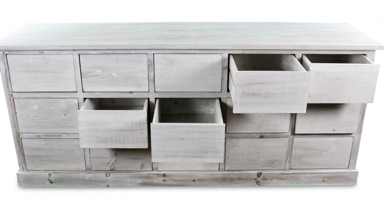 Meuble Semainier Chiffonnier Grainetier Bois 15 Tiroirs Cerusé Blanc Nu 200x55x85cm