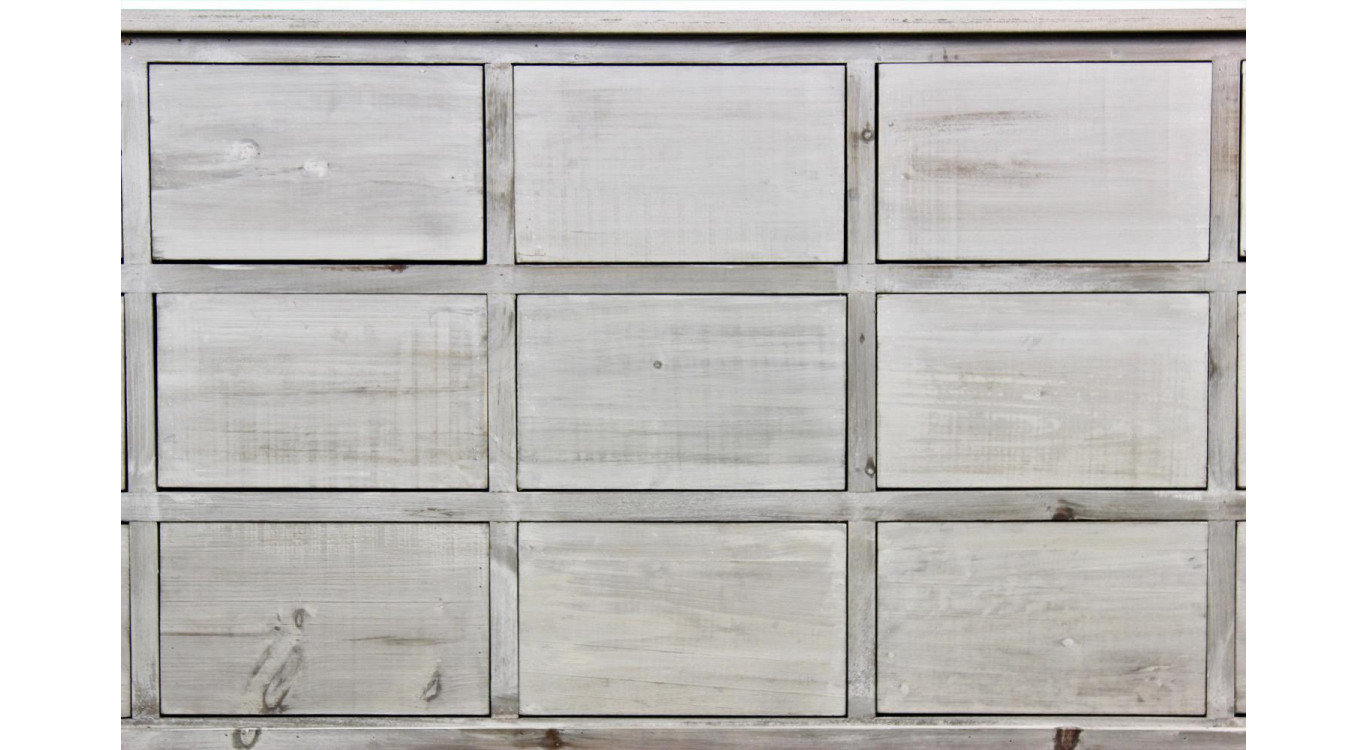 Meuble Semainier Chiffonnier Grainetier Bois 15 Tiroirs Cerusé Blanc Nu 200x55x85cm
