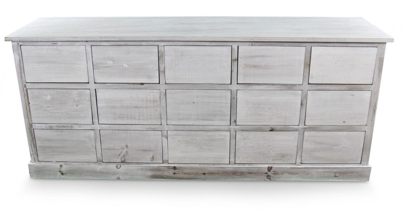 Meuble Semainier Chiffonnier Grainetier Bois 15 Tiroirs Cerusé Blanc Nu 200x55x85cm