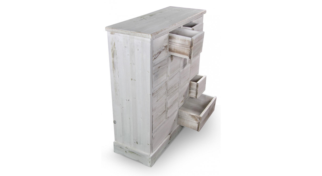 Meuble Semainier Chiffonnier Grainetier Bois Cerusé Blanc 18 Tiroirs Nu 92x34.5x99cm