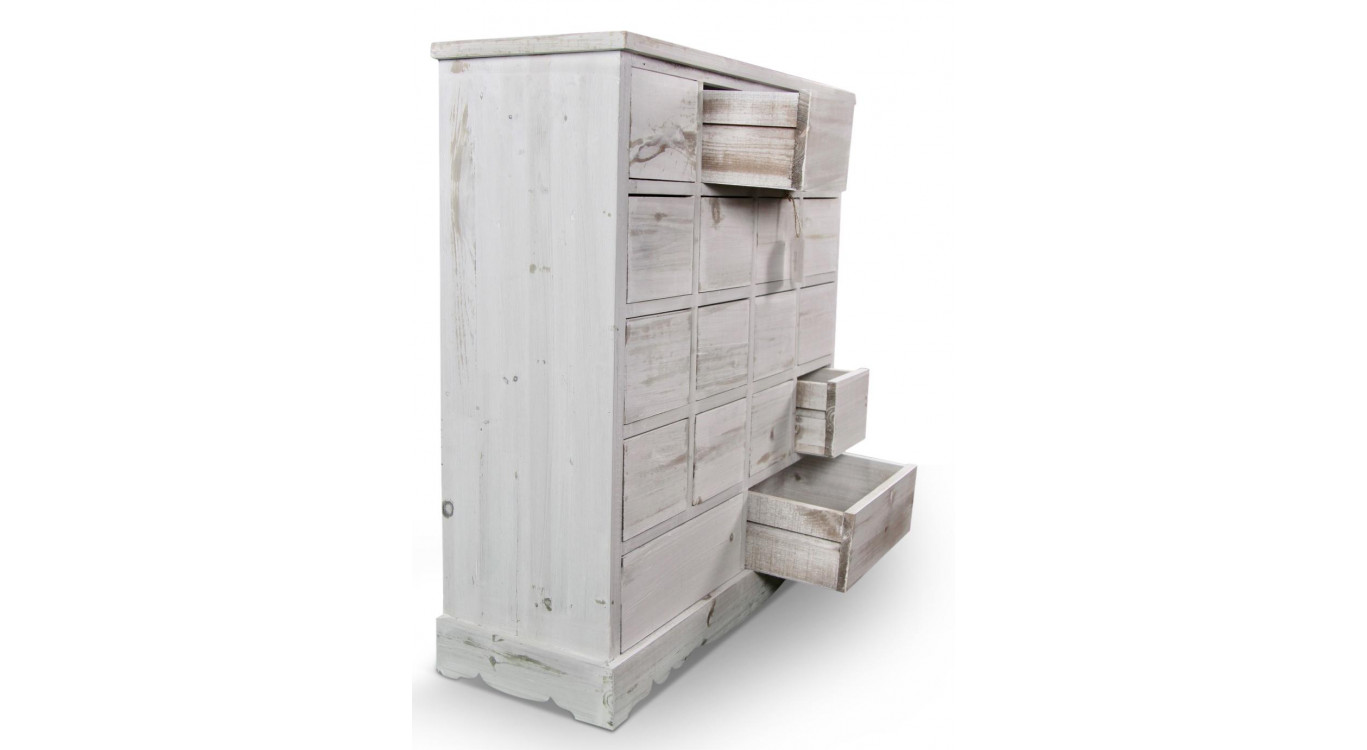 Meuble Semainier Chiffonnier Grainetier Bois Cerusé Blanc 18 Tiroirs Nu 92x34.5x99cm