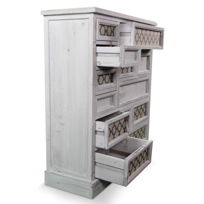 Meuble Semainier Chiffonnier Grainetier Bois Cerusé Blanc 13 Tiroirs Nu 87x32x96.5cm