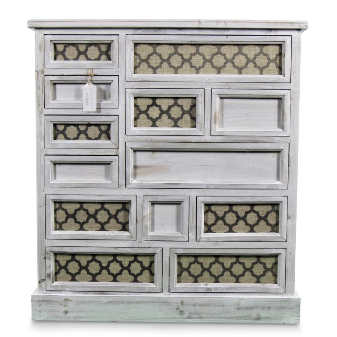 Meuble Semainier Chiffonnier Grainetier Bois Cerusé Blanc 13 Tiroirs Nu 87x32x96.5cm