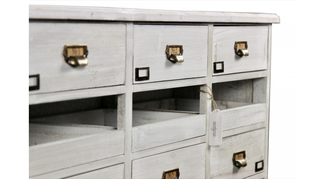 Meuble Semainier Chiffonnier Grainetier Bois Cerusé Blanc 12 Tiroirs 124x32.5x82cm