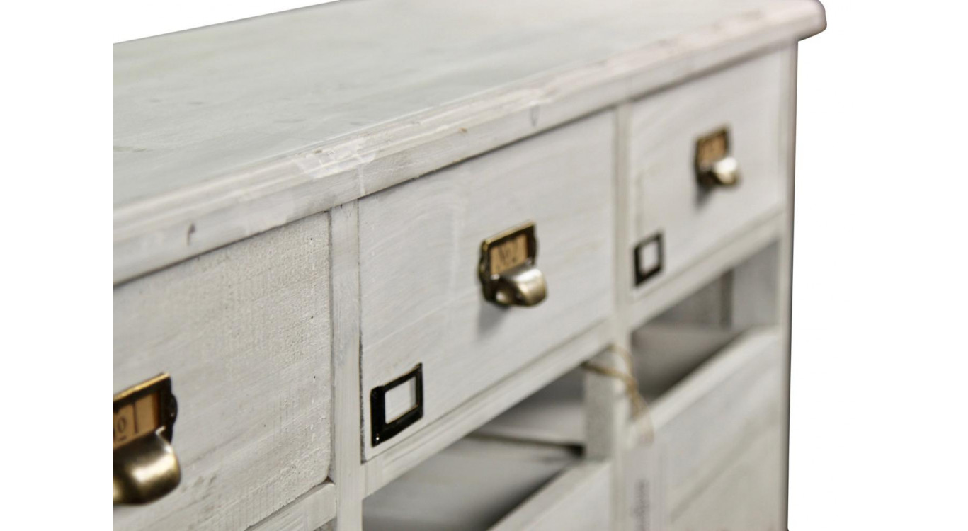 Meuble Semainier Chiffonnier Grainetier Bois Cerusé Blanc 12 Tiroirs 124x32.5x82cm