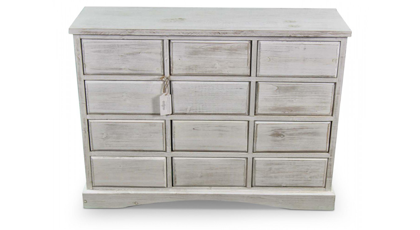 Wochenmöbel Chiffonnier Grainetier Bois 12 Schubladen Cerusé Blanc Nu 101x31.5x75cm