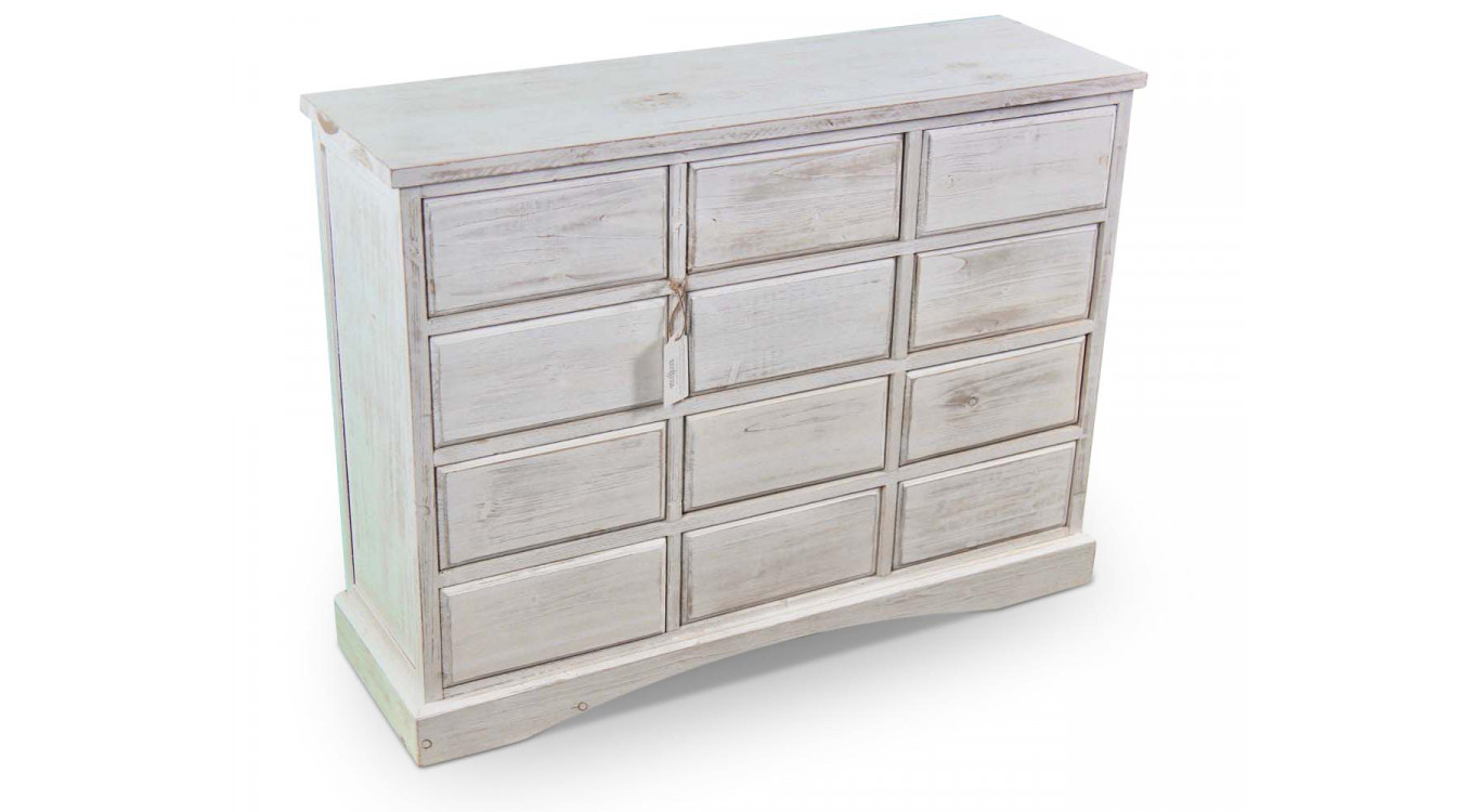 Wochenmöbel Chiffonnier Grainetier Bois 12 Schubladen Cerusé Blanc Nu 101x31.5x75cm