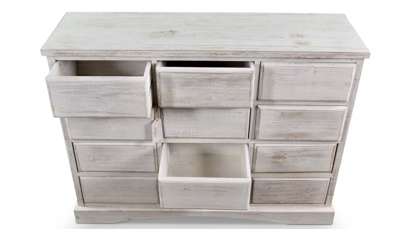 Wochenmöbel Chiffonnier Grainetier Bois 12 Schubladen Cerusé Blanc Nu 101x31.5x75cm