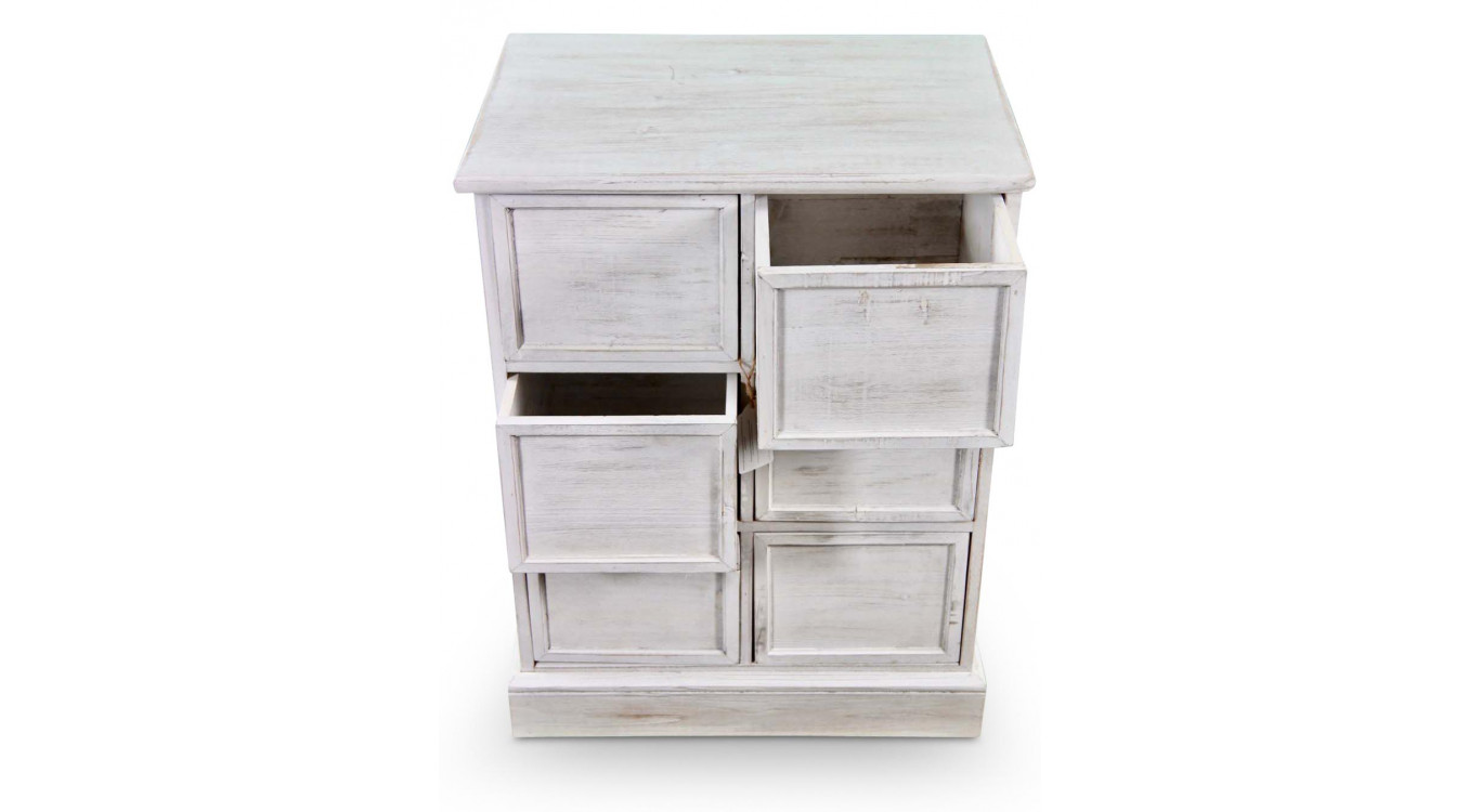 Meuble Semainier Chiffonnier Grainetier Bois 6 Tiroirs Cerusé Blanc Nu 58x40.5x76cm
