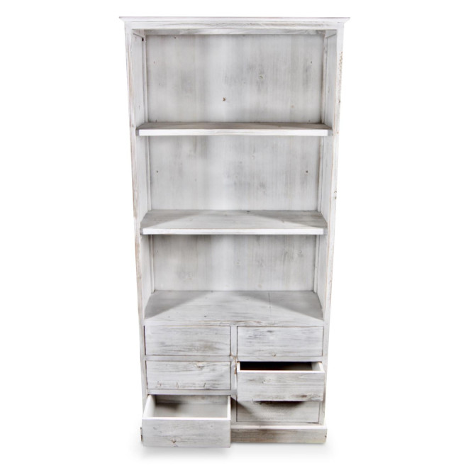 Buffet Vaisselier Rangement Bois 6 Tiroirs Cerusé Blanc Nu 78x34x168cm