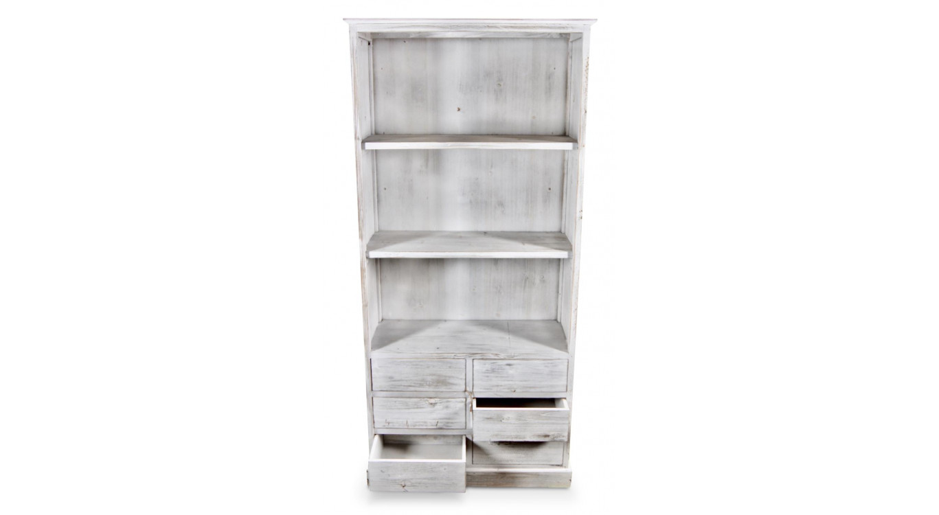 Buffet Vaisselier Rangement Bois 6 Tiroirs Cerusé Blanc Nu 78x34x168cm
