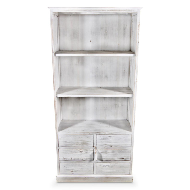 Buffet Vaisselier Rangement Bois 6 Tiroirs Cerusé Blanc Nu 78x34x168cm