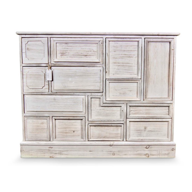 Wochenschrank Chiffonnier Grainetier Bois 14 Schubladen Cerusé Blanc Nu 125x40x99cm