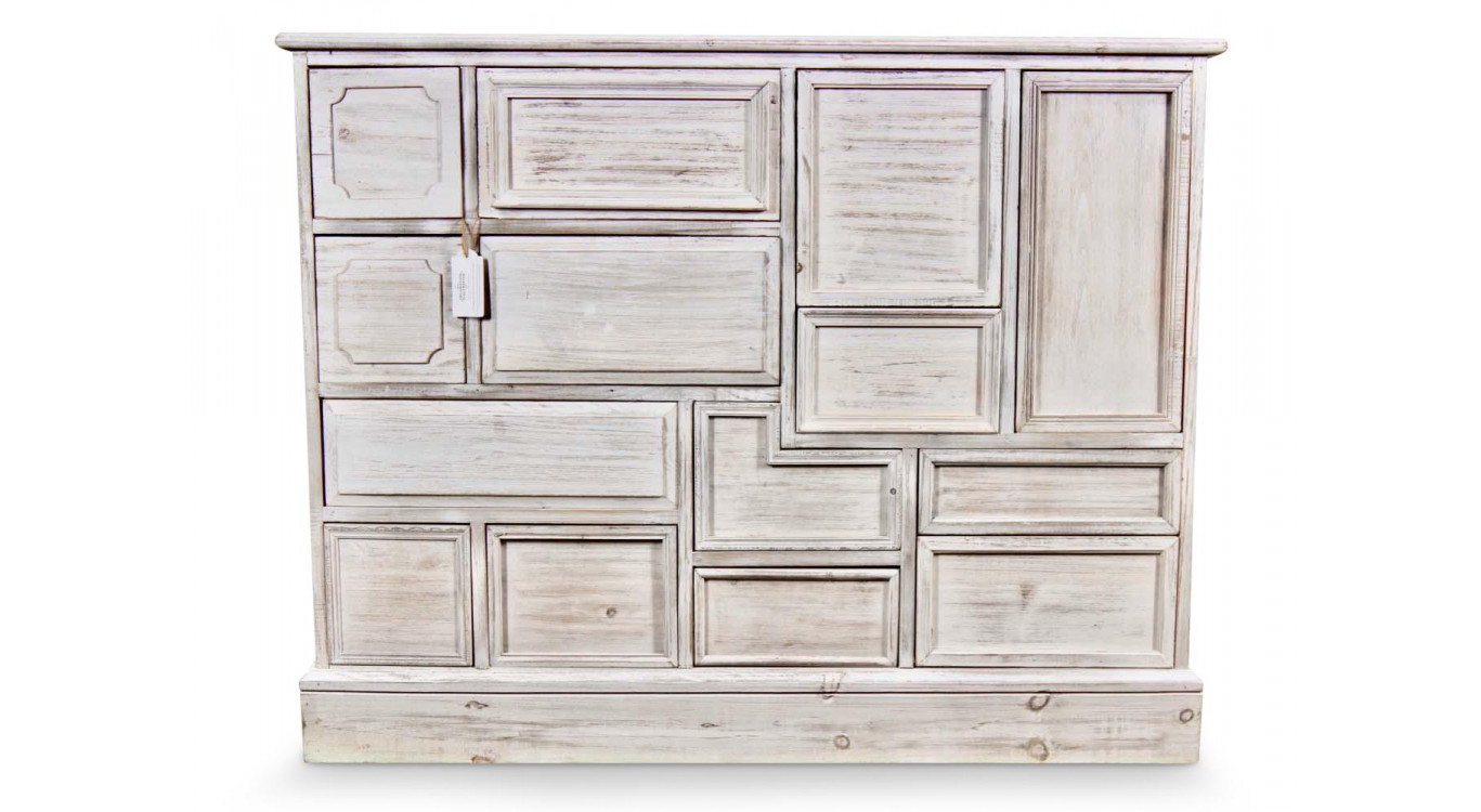 Wochenschrank Chiffonnier Grainetier Bois 14 Schubladen Cerusé Blanc Nu 125x40x99cm