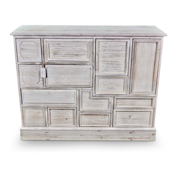 Wochenschrank Chiffonnier Grainetier Bois 14 Schubladen Cerusé Blanc Nu 125x40x99cm