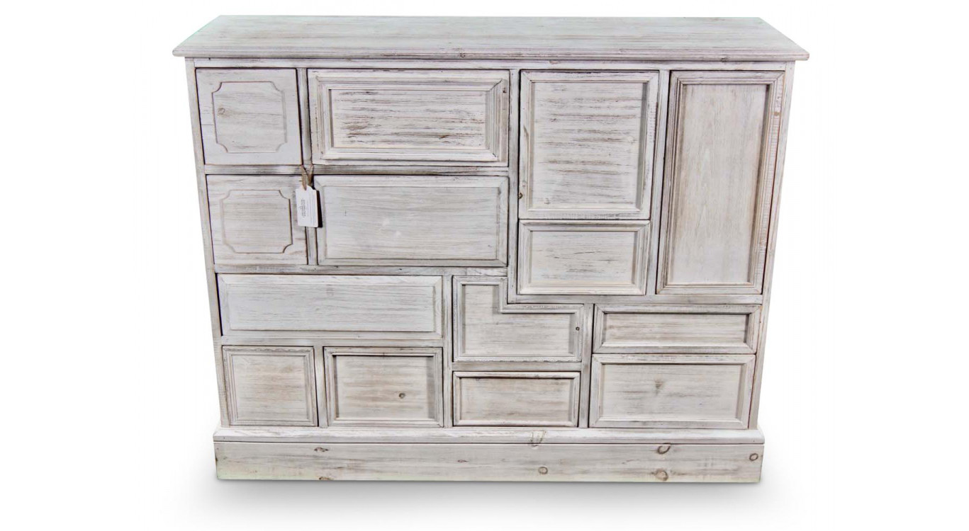 Wochenschrank Chiffonnier Grainetier Bois 14 Schubladen Cerusé Blanc Nu 125x40x99cm