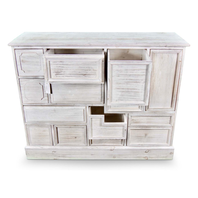 Wochenschrank Chiffonnier Grainetier Bois 14 Schubladen Cerusé Blanc Nu 125x40x99cm