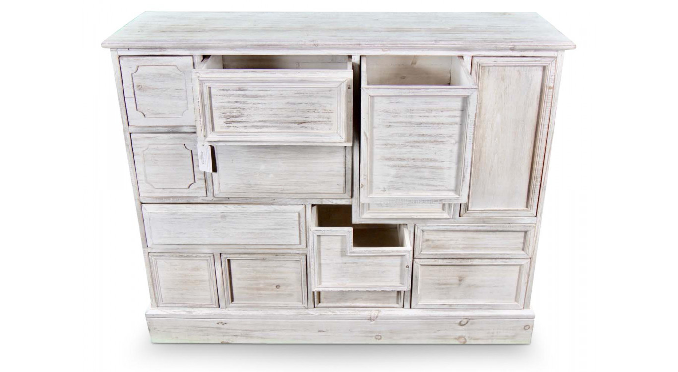 Wochenschrank Chiffonnier Grainetier Bois 14 Schubladen Cerusé Blanc Nu 125x40x99cm