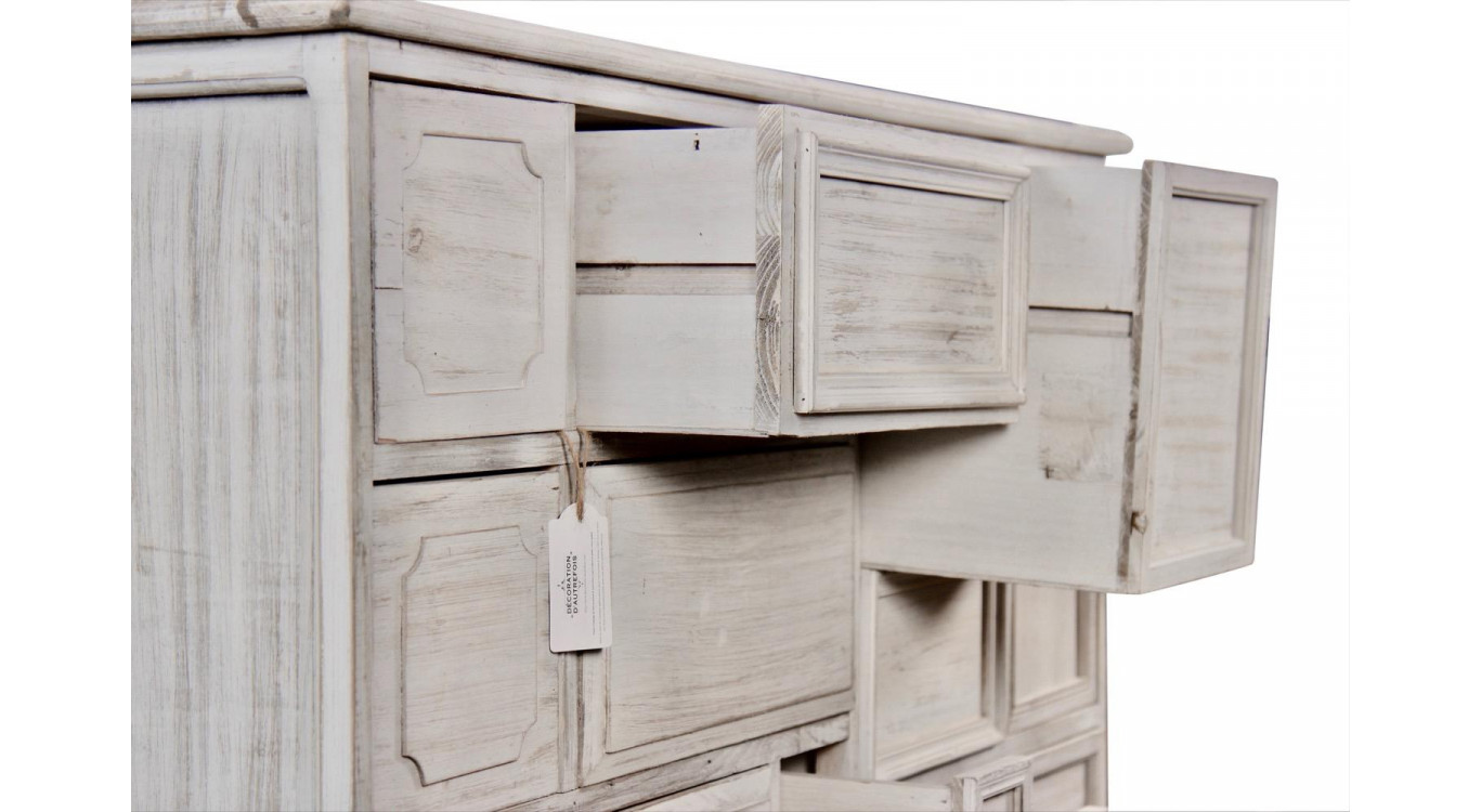 Wochenschrank Chiffonnier Grainetier Bois 14 Schubladen Cerusé Blanc Nu 125x40x99cm