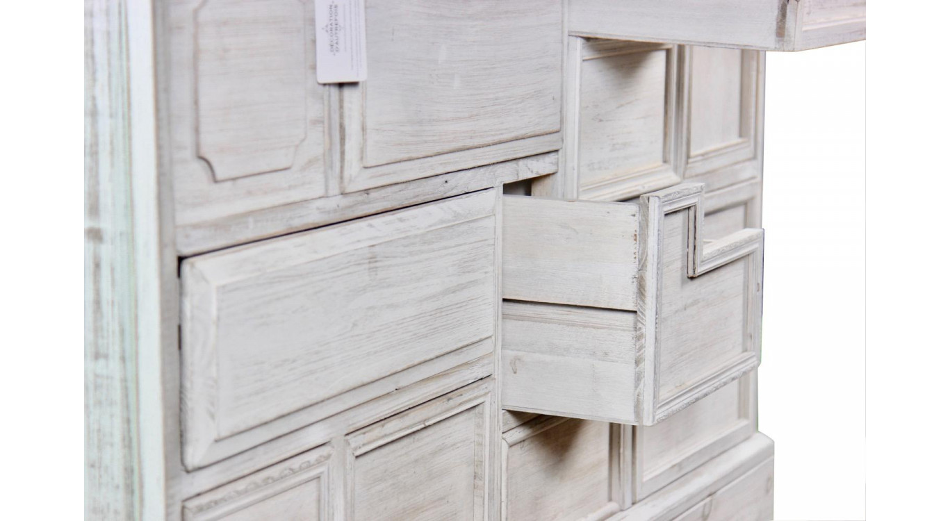 Wochenschrank Chiffonnier Grainetier Bois 14 Schubladen Cerusé Blanc Nu 125x40x99cm